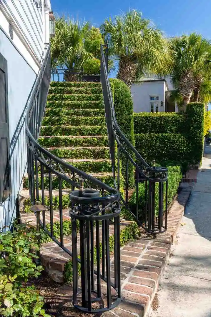 Black wrought iron railing along a Charleston, SC