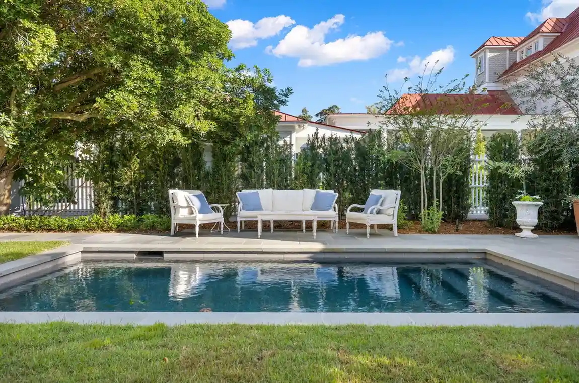 Here is a custom pool that was built in downtown Charleston. Included is a gorgeous outdoor living chair set.